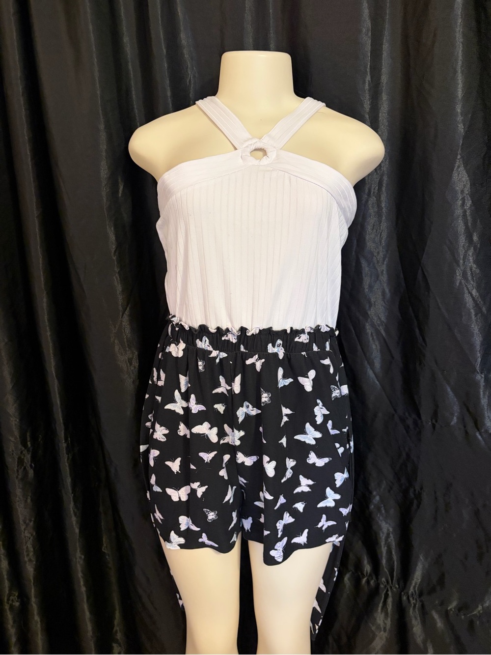 Ultra Flirt White Halter Romper with Black Butterfly Print Shorts